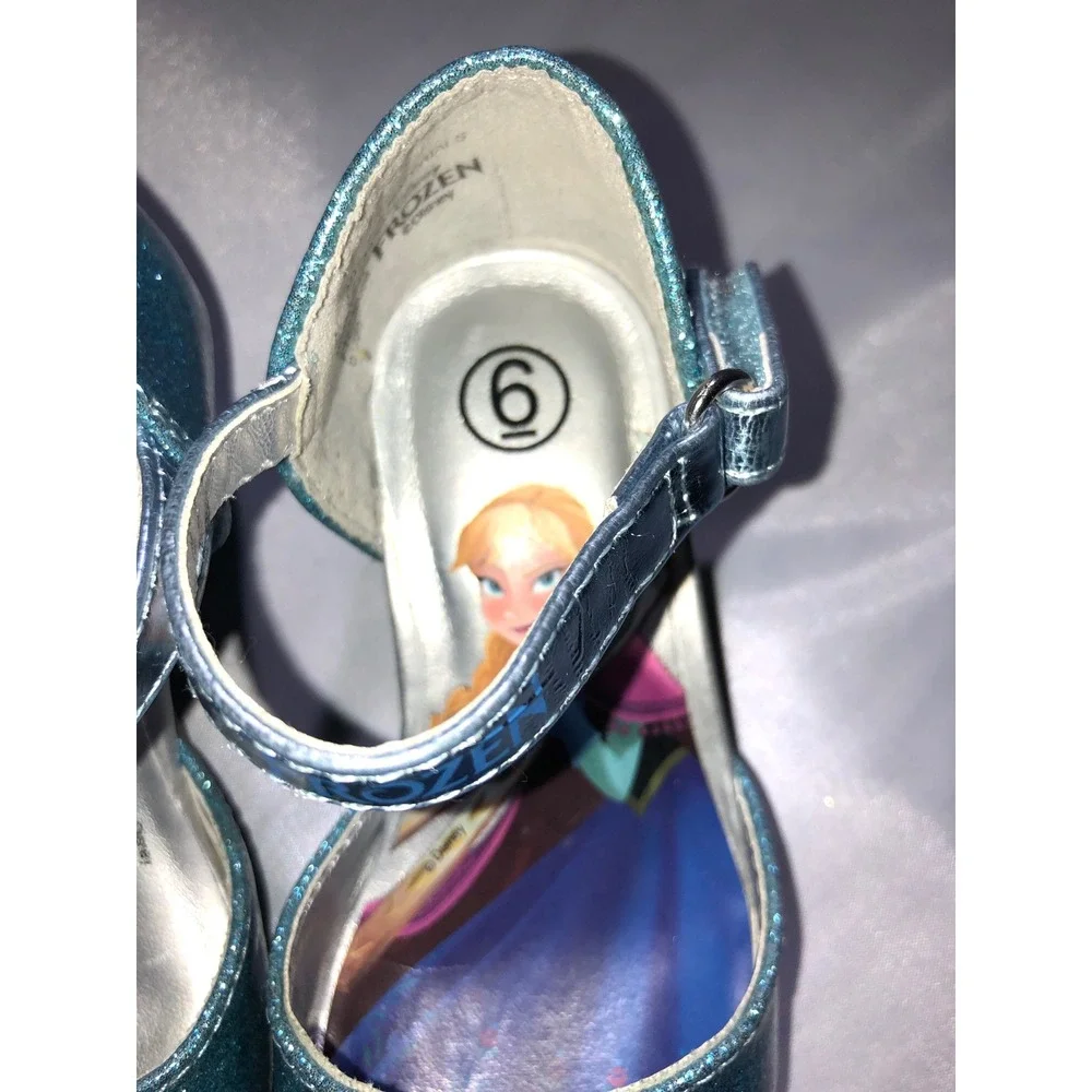 Disney Frozen Elsa Anna Blue Glitter Dress Shoes Snowflake Heels Girls Size 6